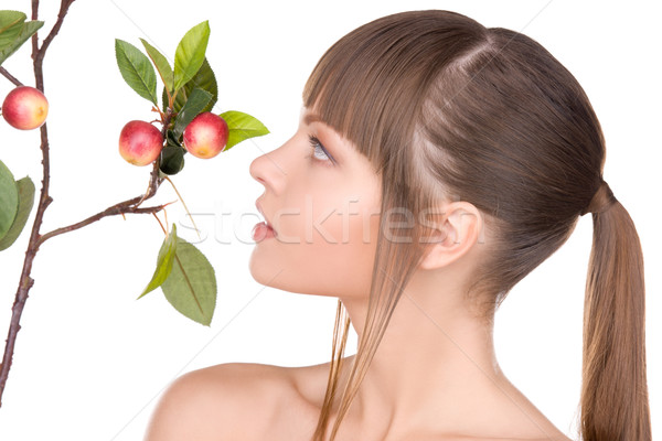 ストックフォト: 女性 · リンゴ · 小枝 · 画像 · 顔 · 美