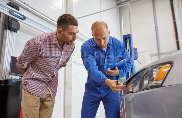 auto mechanic with clipboard and man at car shop Stock photo © dolgachov