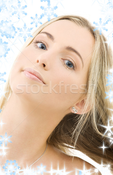 Stock foto: Porträt · glücklich · Frau · Schneeflocken · Haar · Schönheit