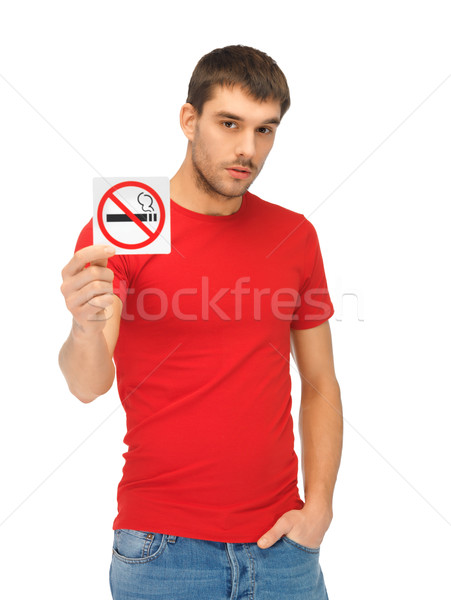Férfi piros póló dohányozni tilos felirat kép Stock fotó © dolgachov