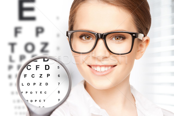woman with magnifier and eye chart Stock photo © dolgachov
