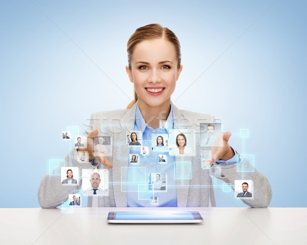 businesswoman with tablet pc and icons of contacts Stock photo © dolgachov