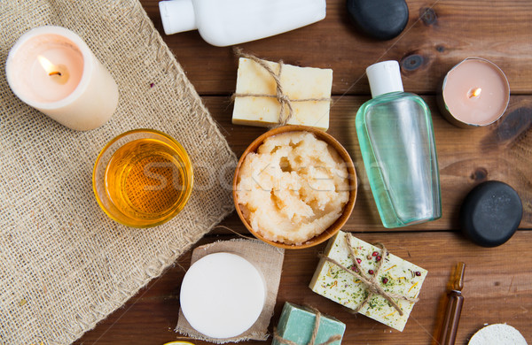 close up of body care cosmetic products on wood Stock photo © dolgachov