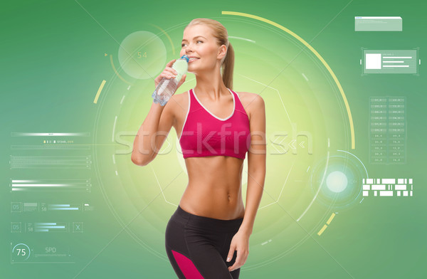 Stock foto: Glücklich · sportlich · Frau · Trinkwasser · Flasche · Fitness