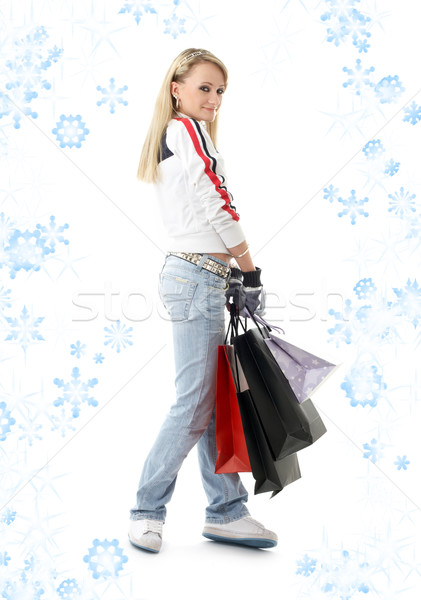 Vásárlás tinilány hópelyhek bevásárlótáskák hó szépség Stock fotó © dolgachov