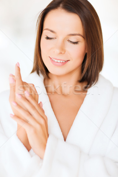 Foto stock: Mujer · hermosa · albornoz · personas · mujer · manos