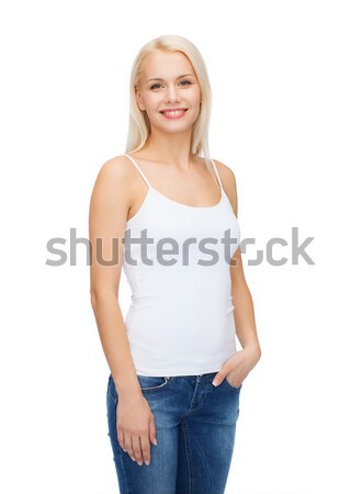 Femme souriante blanche tshirt design heureux modèle [[stock_photo]] © dolgachov