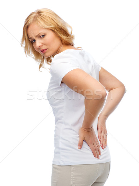 Nieszczęśliwy kobieta cierpienie ból w krzyżu ludzi opieki zdrowotnej Zdjęcia stock © dolgachov