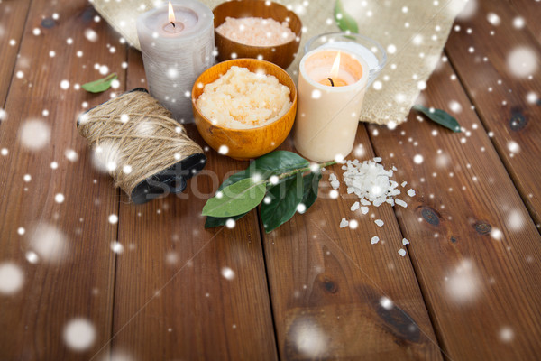 natural body scrub and candles on wood Stock photo © dolgachov