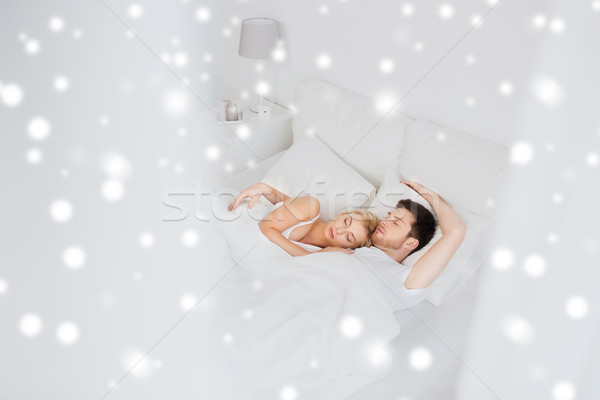 Foto stock: Feliz · casal · adormecido · cama · casa · pessoas