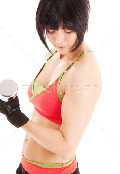 Foto stock: Muscular · fitness · instrutor · halteres · branco · corpo