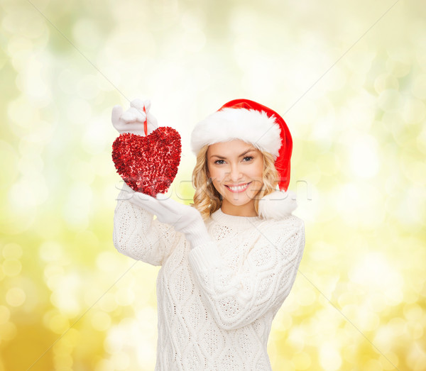 Mosolygó nő mikulás segítő kalap piros szív Stock fotó © dolgachov