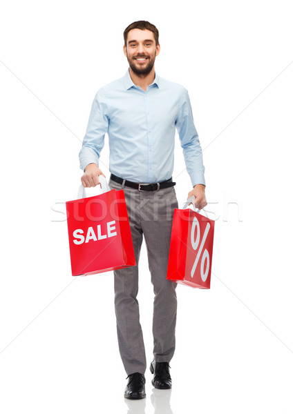 Stock fotó: Mosolyog · férfi · piros · bevásárlószatyor · emberek · vásár