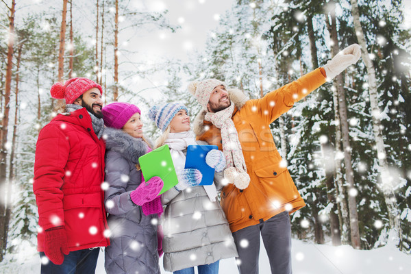 Stock foto: Lächelnd · Freunde · Winter · Wald · Technologie