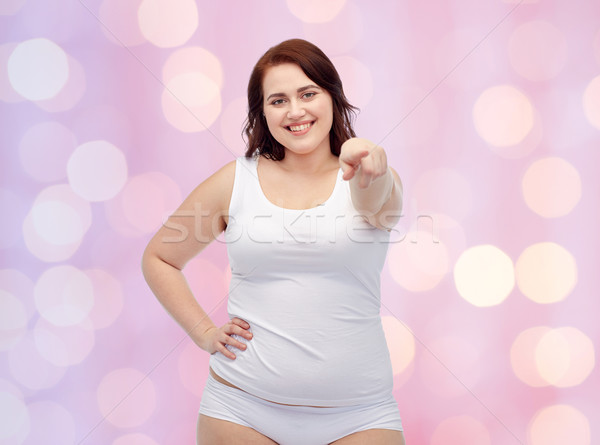 Plus size nő alsónemű mutat kézmozdulat fogyókúra Stock fotó © dolgachov
