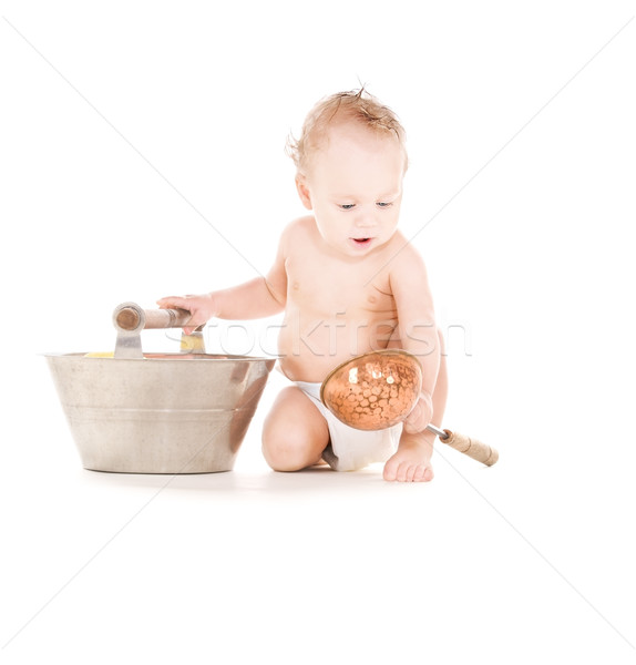 嬰兒 男孩 舀 圖片 白 孩子 商業照片 © dolgachov