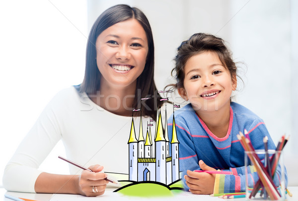 Glücklich Mutter Tochter Zeichnung home Menschen Stock foto © dolgachov