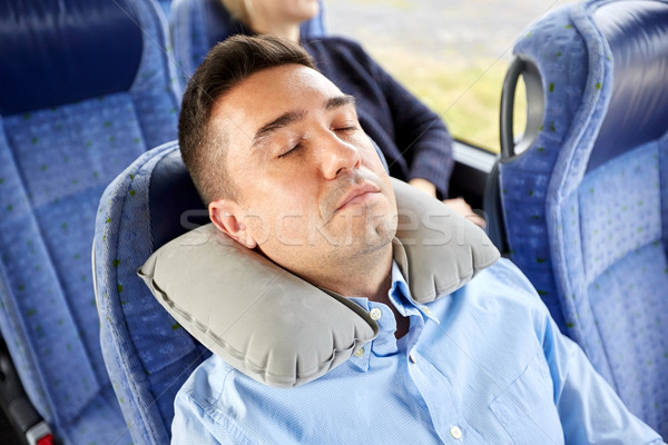 Foto stock: Hombre · dormir · viaje · autobús · almohada · transporte