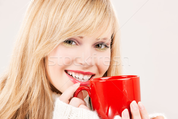 Foto stock: Feliz · rojo · taza · Foto · mujer