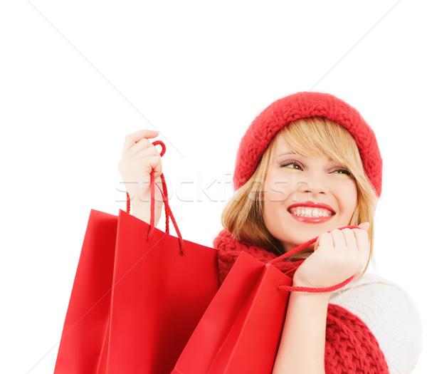 Stock fotó: Mosolyog · fiatal · nő · bevásárlótáskák · boldogság · tél · ünnepek