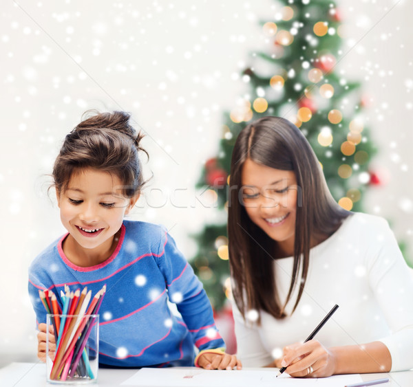 Stockfoto: Moeder · dochter · potloden · binnenshuis · jeugd · familie