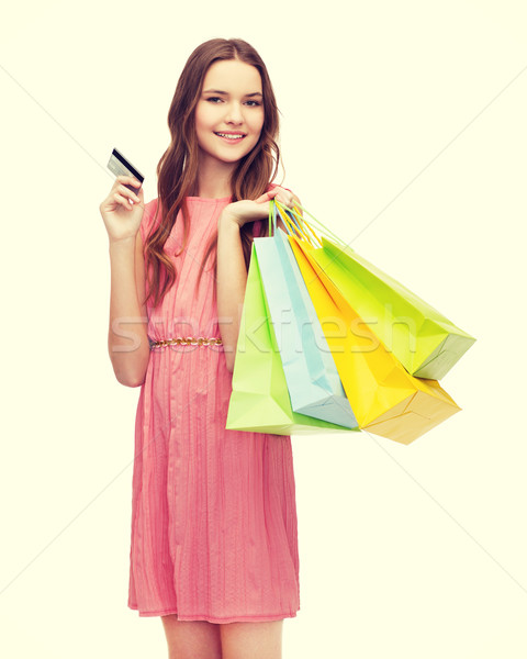 Foto stock: Mujer · sonriente · vestido · muchos · menor · venta