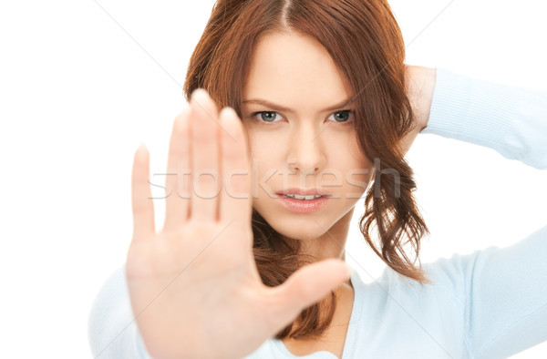 Stop fényes kép fiatal nő készít kézmozdulat Stock fotó © dolgachov
