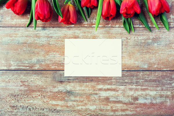 close up of red tulips and blank paper or letter Stock photo © dolgachov