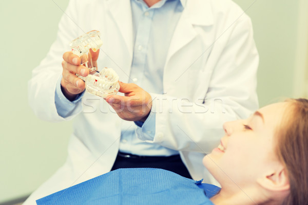 close up of dentist showing teeth maquette to girl Stock photo © dolgachov