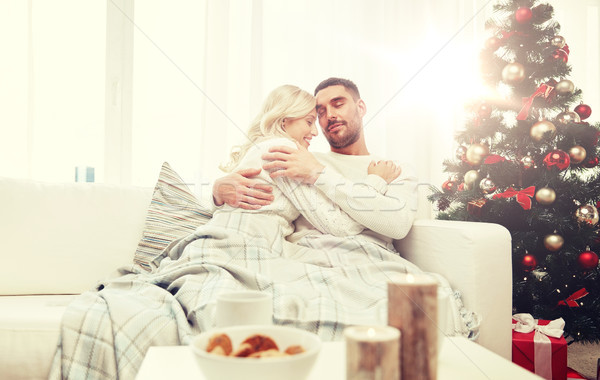 Stockfoto: Gelukkig · paar · home · kerstboom · familie · christmas