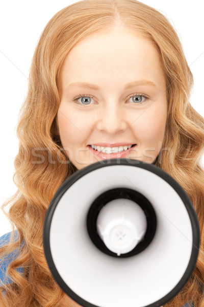Femeie megafon imagine alb fericit ştiri Imagine de stoc © dolgachov