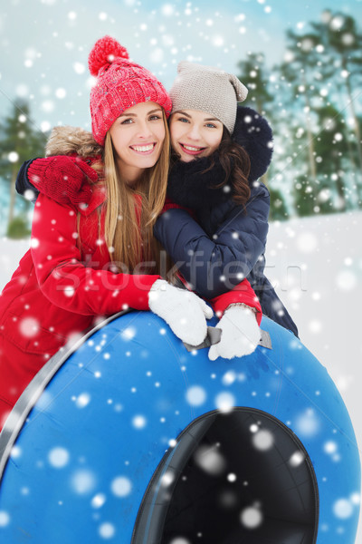 Boldog lány barátok hó csövek kint tél Stock fotó © dolgachov