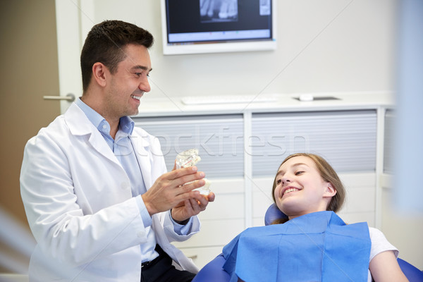 happy dentist showing jaw layout to patient girl Stock photo © dolgachov