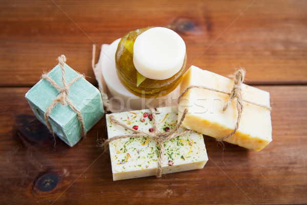 close up of handmade soap bars on wood Stock photo © dolgachov