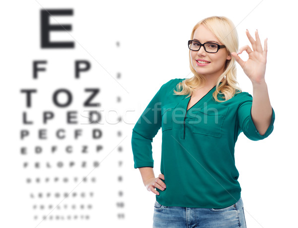 Mosolyog fiatal nő szemüveg mutat ok előrelátás Stock fotó © dolgachov