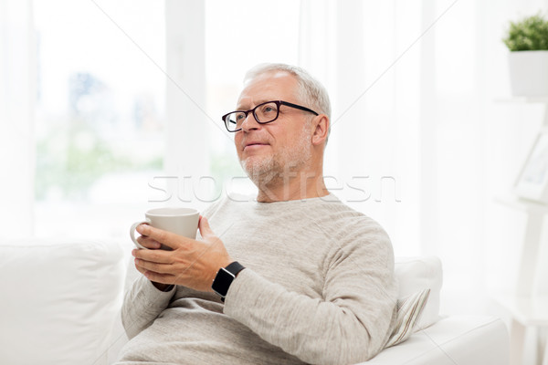 Stockfoto: Gelukkig · senior · man · beker · thee · home