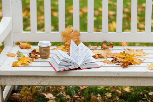 Foto d'archivio: Libro · aperto · tazza · di · caffè · panchina · autunno · parco · stagione