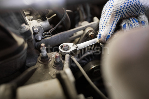 mechanic man with wrench repairing car at workshop Stock photo © dolgachov