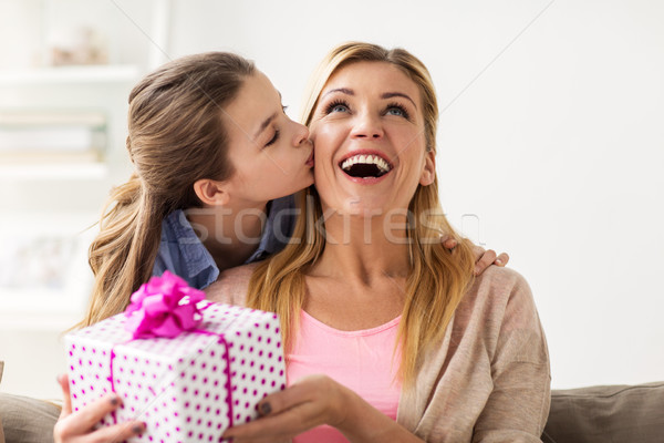 Stock photo: girl giving birthday present to mother at home