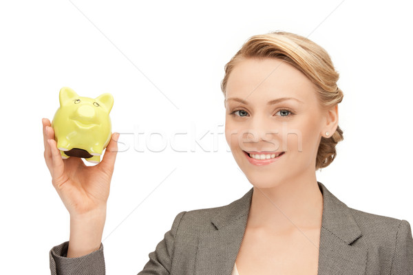Zdjęcia stock: Kobieta · banku · piggy · zdjęcie · działalności · finansów · wieprzowych