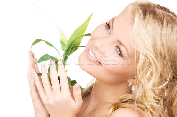 woman with sprout over white Stock photo © dolgachov