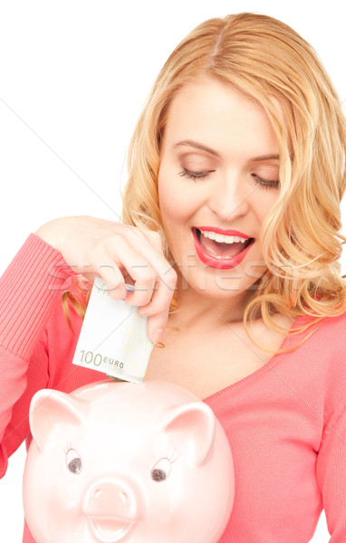 Foto stock: Mulher · piggy · bank · dinheiro · quadro · papel · porco