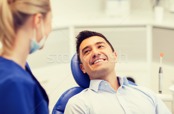 female dentist with happy male patient at clinic Stock photo © dolgachov