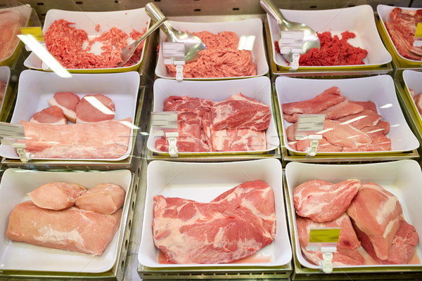 meat in bowls at grocery stall Stock photo © dolgachov
