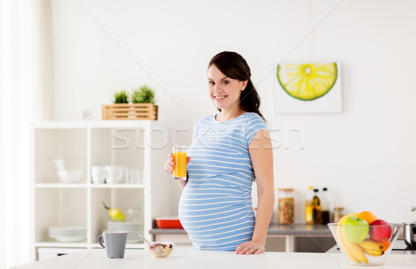Stockfoto: Gelukkig · zwangere · vrouw · ontbijt · home · zwangerschap · mensen
