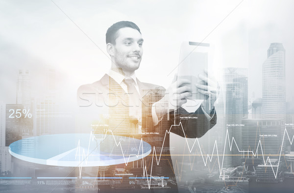 businessman with tablet pc over city and charts Stock photo © dolgachov