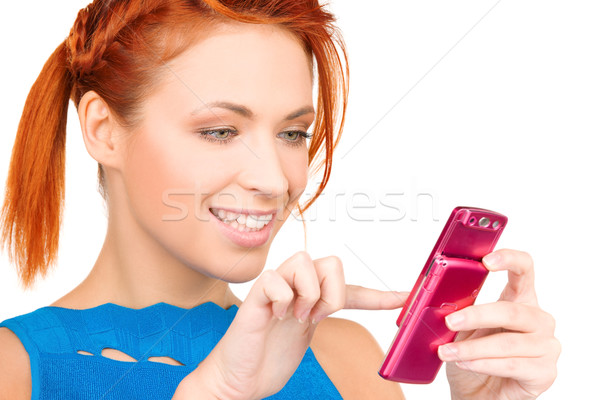 Stockfoto: Gelukkig · vrouw · mobiele · telefoon · foto · meisje · telefoon