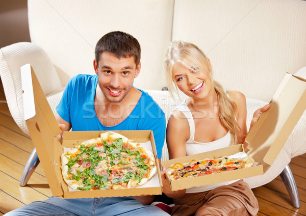 Foto stock: Romântico · casal · alimentação · pizza · casa · quadro