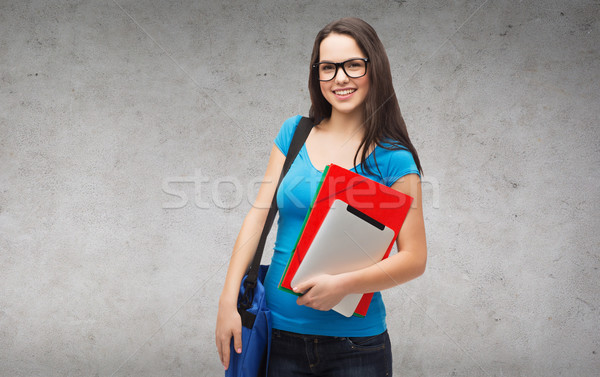 Foto stock: Sorridente · estudante · saco · educação