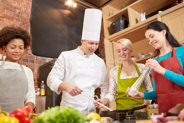 happy women and chef cook cooking in kitchen Stock photo © dolgachov